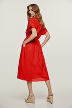 Load image into Gallery viewer, Red Linen Style Belted Midi Dress