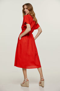 Red Linen Style Belted Midi Dress