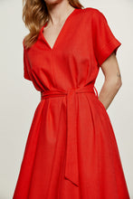 Load image into Gallery viewer, Red Linen Style Belted Midi Dress