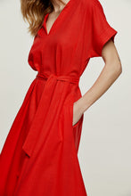 Load image into Gallery viewer, Red Linen Style Belted Midi Dress