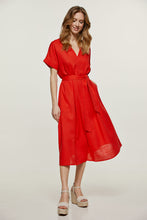 Load image into Gallery viewer, Red Linen Style Belted Midi Dress