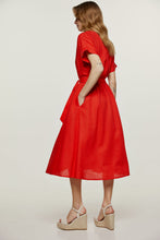 Load image into Gallery viewer, Red Linen Style Belted Midi Dress