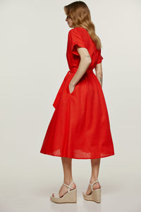 Red Linen Style Belted Midi Dress