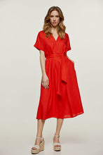 Load image into Gallery viewer, Red Linen Style Belted Midi Dress