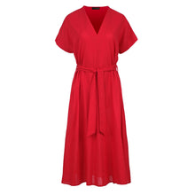 Load image into Gallery viewer, Red Linen Style Belted Midi Dress