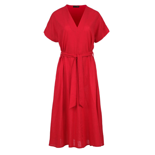 Red Linen Style Belted Midi Dress