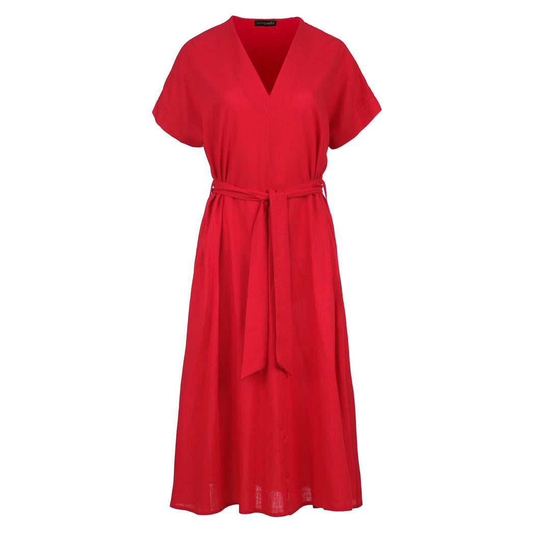 Red Linen Style Belted Midi Dress