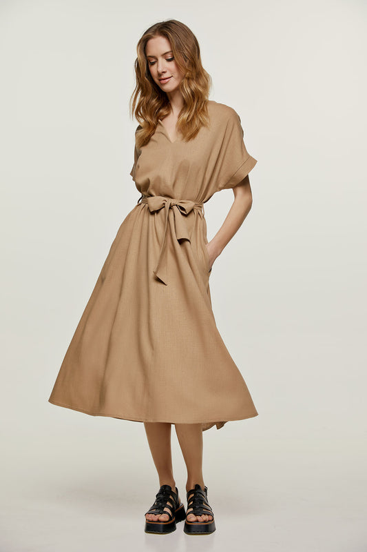Beige Linen Style Belted Midi Dress