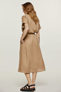 Beige Linen Style Belted Midi Dress