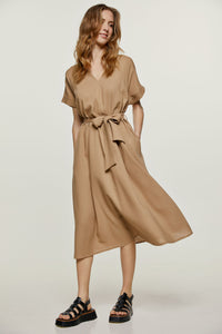 Beige Linen Style Belted Midi Dress