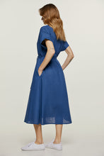 Load image into Gallery viewer, Blue Linen Style Belted Midi Dress