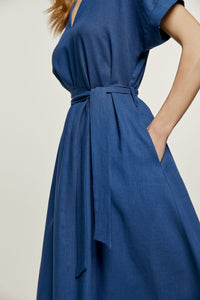 Blue Linen Style Belted Midi Dress