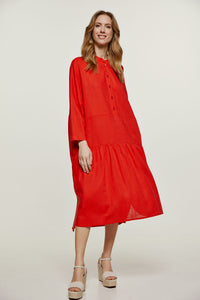 Linen Style Oversized Red Dress with Buttons