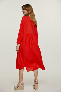 Linen Style Oversized Red Dress with Buttons