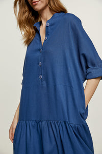 Linen Style Oversized Blue Dress with Buttons