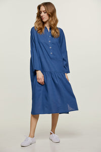 Linen Style Oversized Blue Dress with Buttons