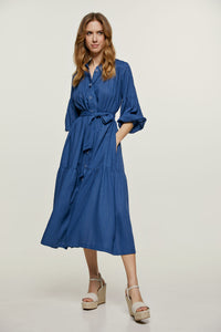 Linen Style Blue Dress with Pockets