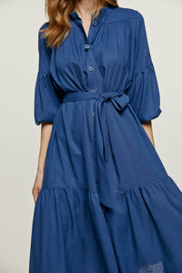 Linen Style Blue Dress with Pockets