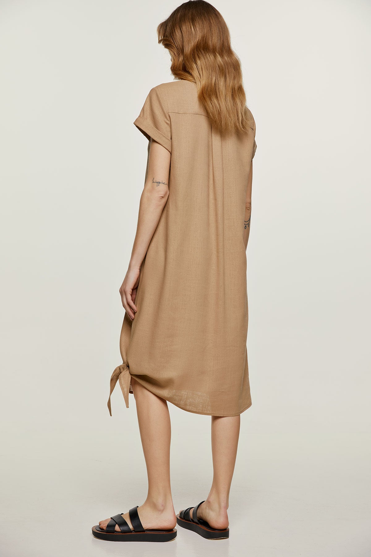 Beige Midi Dress with Tie Detail