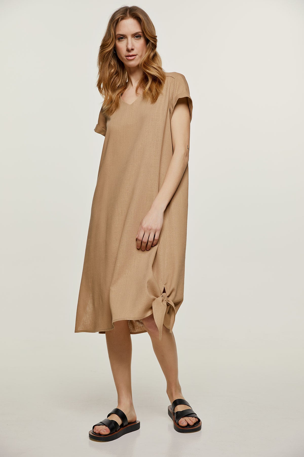 Beige Midi Dress with Tie Detail