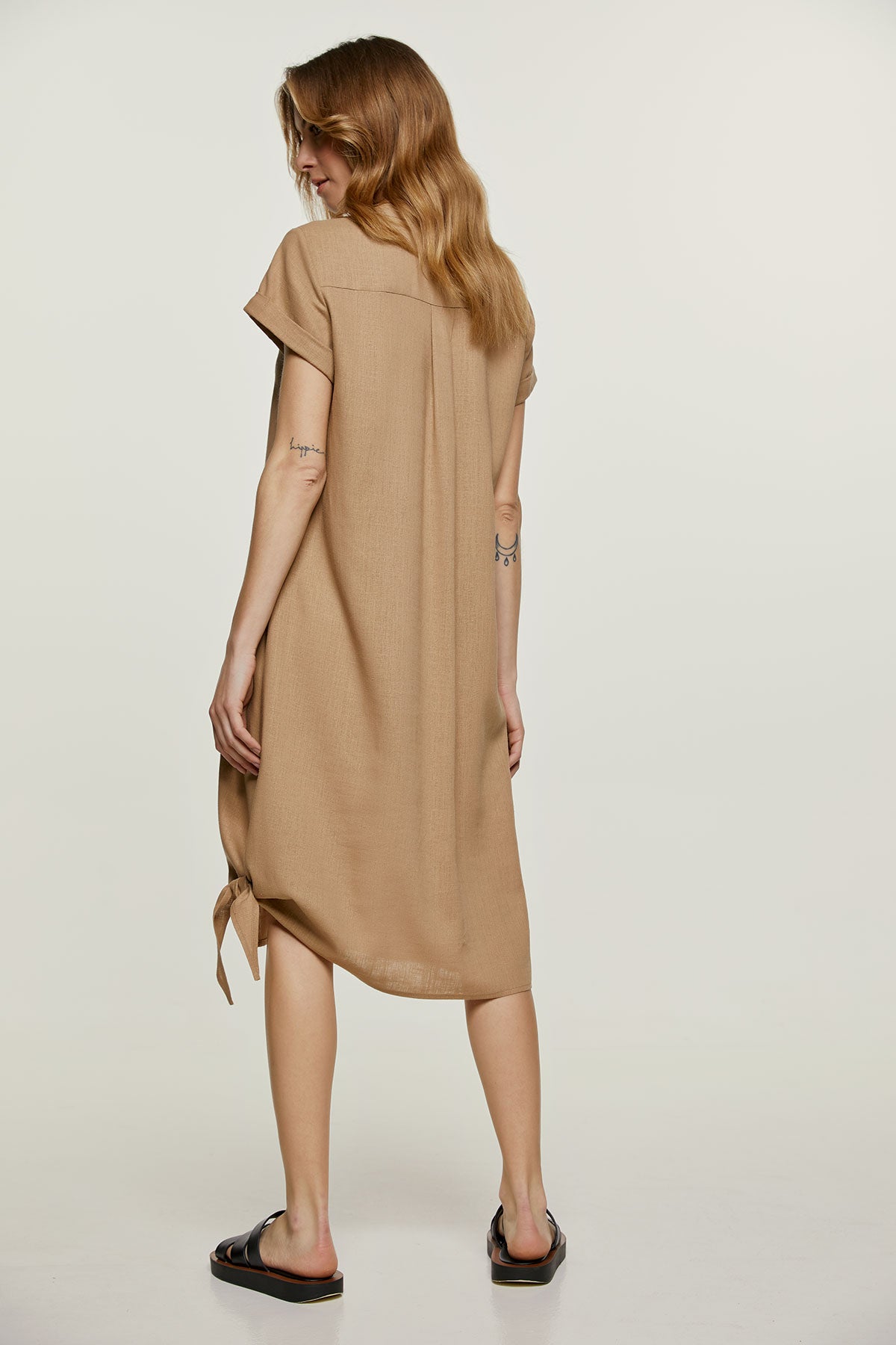 Beige Midi Dress with Tie Detail