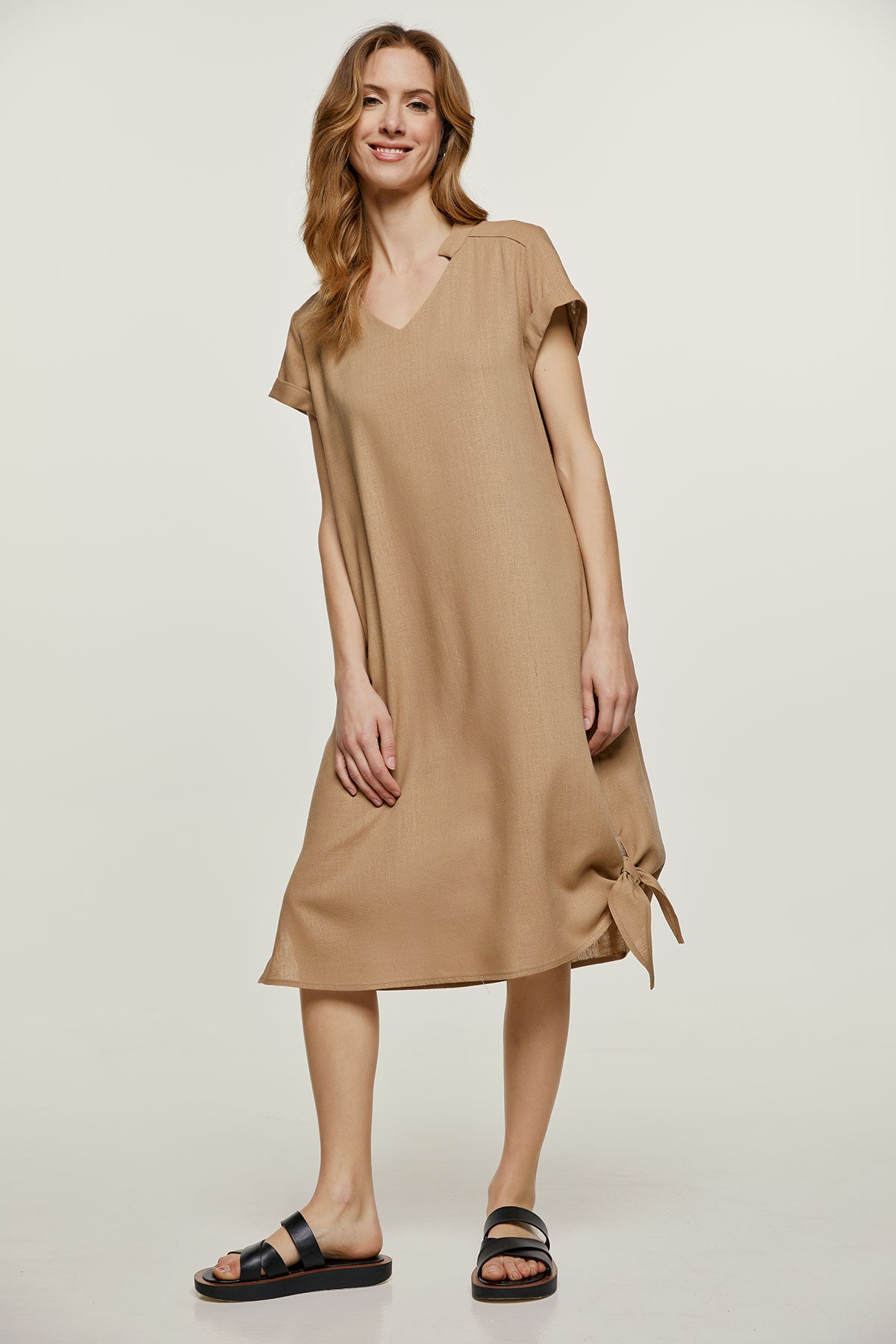 Beige Midi Dress with Tie Detail