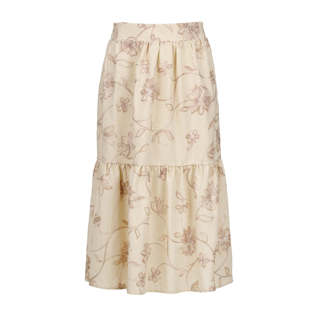 Ecru Embroidered Floral Midi Skirt