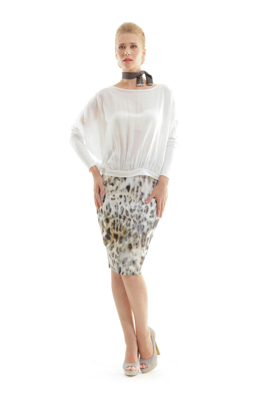 Conquista Φούστα Midi Ίσια Γραμμή Εμπριμέ Animal Print Καμπαρντίνα Βαμβάκι με Ελαστάνη Πολύχρωμη C240-022-99
