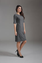 Load image into Gallery viewer, Wool Silk Acrylic Blend Woven Straight Dress with Elbow Sleeves and Faux Pockets