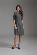 Load image into Gallery viewer, Wool Silk Acrylic Blend Woven Straight Dress with Elbow Sleeves and Faux Pockets