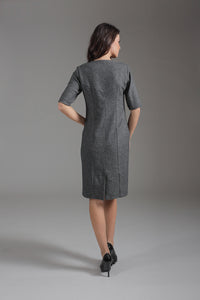 Wool Silk Acrylic Blend Woven Straight Dress with Elbow Sleeves and Faux Pockets