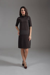 Elbow Sleeve Woven Punto di Roma Fitted Dress with Stand Up Collar