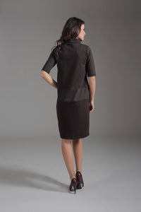 Elbow Sleeve Woven Punto di Roma Fitted Dress with Stand Up Collar