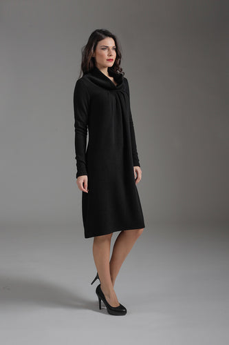 Long Sleeve Knit Style A Line Dress with Wide Collar and Pleat Detail