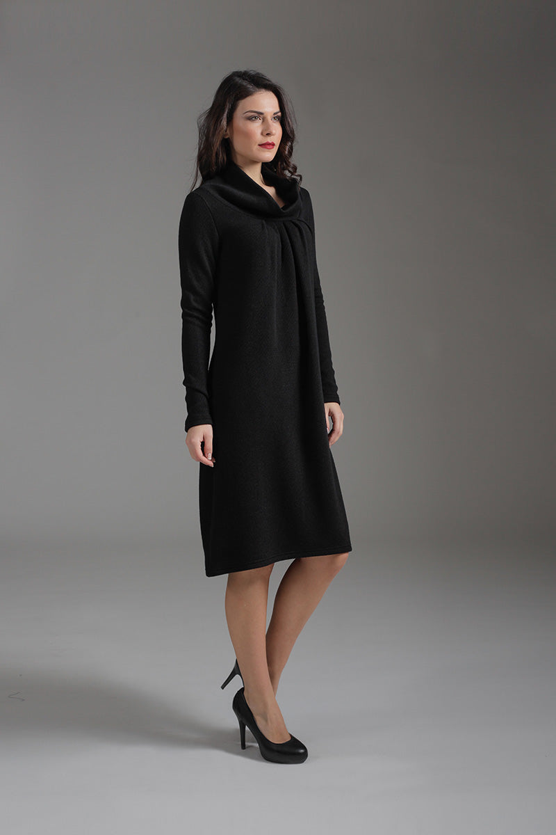 Long Sleeve Knit Style A Line Dress with Wide Collar and Pleat Detail