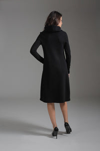 Long Sleeve Knit Style A Line Dress with Wide Collar and Pleat Detail