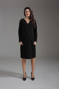 Knit Long Sleeve Lined Sack Dress with Concealed Zip and Pockets