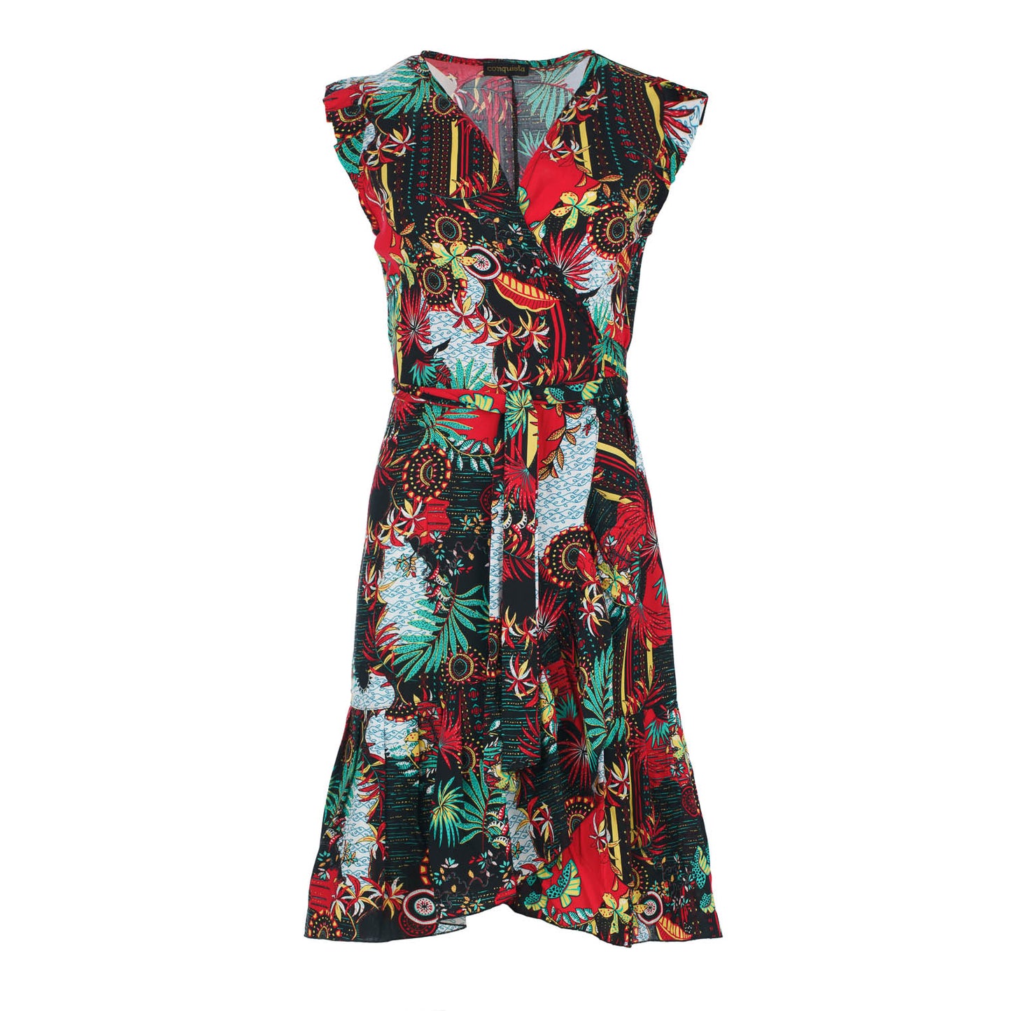 Conquista Φόρεμα Midi Casual Κρουαζέ Αμάνικο Με Ζώνη Floral Πολύχρωμο C241-004-30