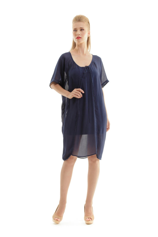Conquista Φόρεμα Mini Casual Κοντομάνικο Στρογγυλή Λαιμόκοψη Με Κορδόνι Μονόχρωμο Βισκόζη Μπλε C340-241
