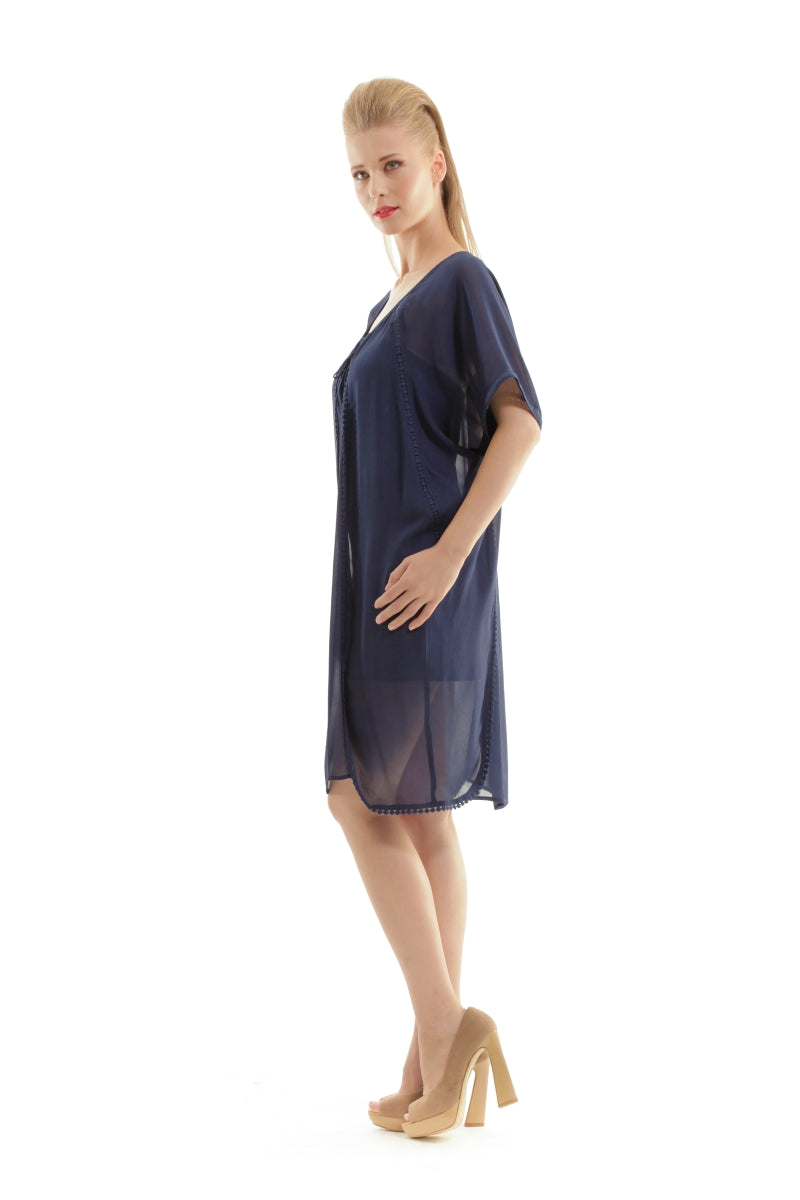 Conquista Φόρεμα Mini Casual Κοντομάνικο Στρογγυλή Λαιμόκοψη Με Κορδόνι Μονόχρωμο Βισκόζη Μπλε C340-241