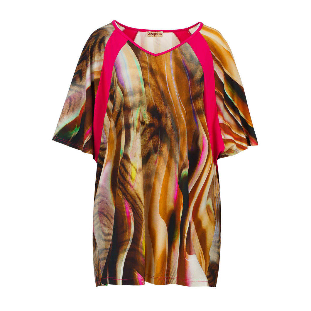 Print Stretch Jersey Top with Batwing Sleeves Plus Size