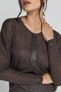 Dark Brown Top with Faux Leather Detail