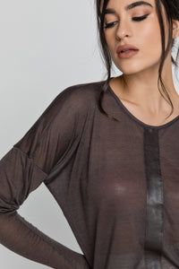 Dark Brown Top with Faux Leather Detail