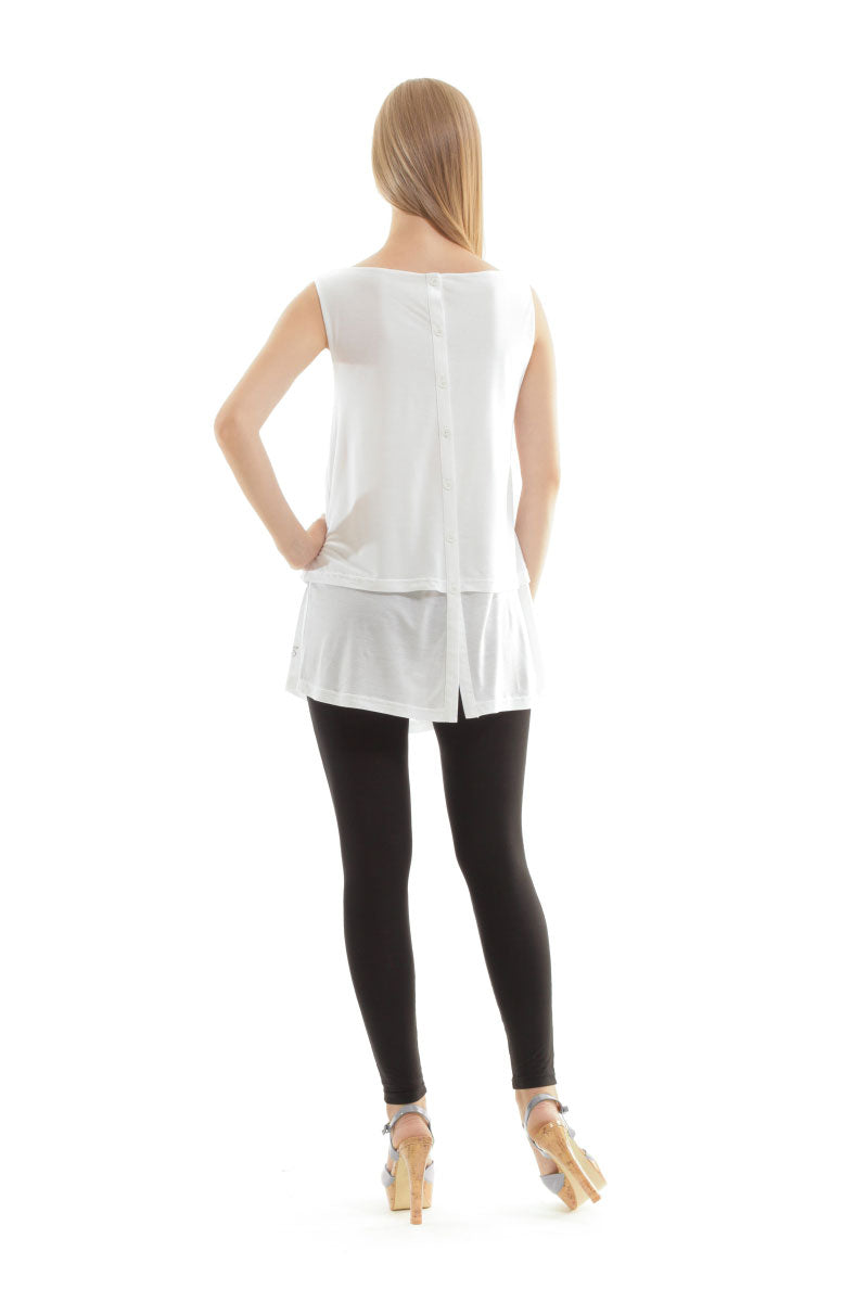 Conquista Τοπ Αμάνικο Casual Στρογγυλή Λαιμόκοψη Διπλό Layer Μονόχρωμο Λευκό TA-412