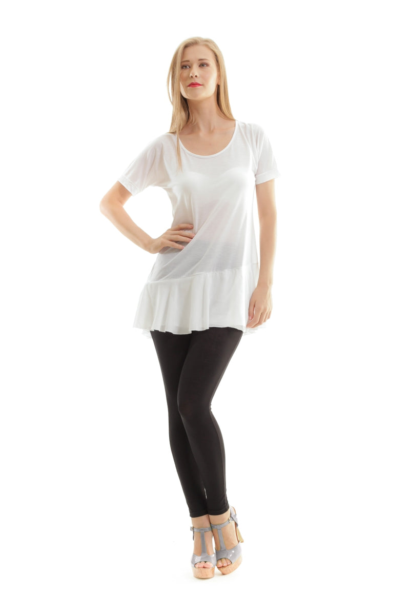 Conquista Τοπ Longline Κοντομάνικο Casual Στρογγυλή Λαιμόκοψη Με Βολάν Μονόχρωμο Λευκό TA.413