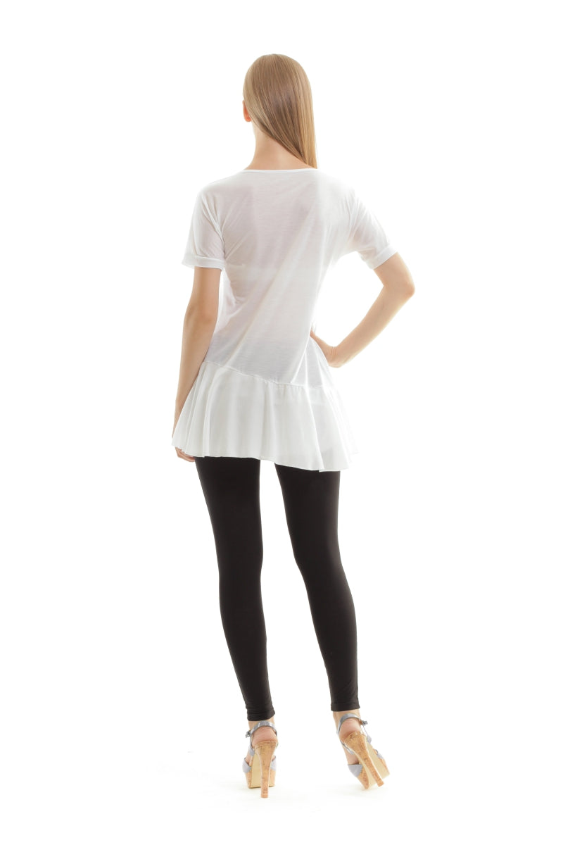 Conquista Τοπ Longline Κοντομάνικο Casual Στρογγυλή Λαιμόκοψη Με Βολάν Μονόχρωμο Λευκό TA.413