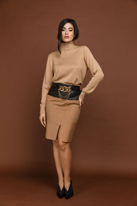 Camel Striped Pencil Skirt by Si Fashion