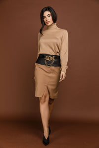 Camel Striped Pencil Skirt by Si Fashion