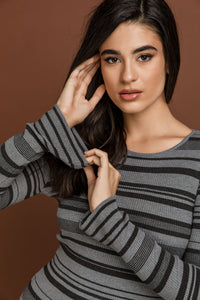 Striped Knit Dark Grey Dress by Si Fashion