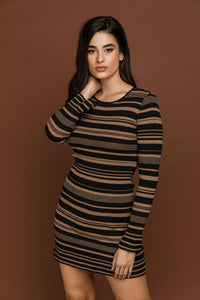 Striped Knit Camel Dress by Si Fashion
